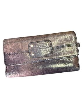 FOSSIL Vintage Brown Leather Wallet Trifold Zipper Snap Card Slots Studs